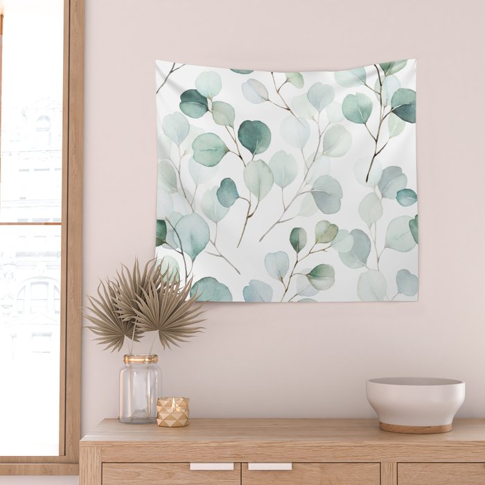 Watercolor Eucalyptus branches, botanical art, green blue leaves Wall Tapestry Gallery Image 2