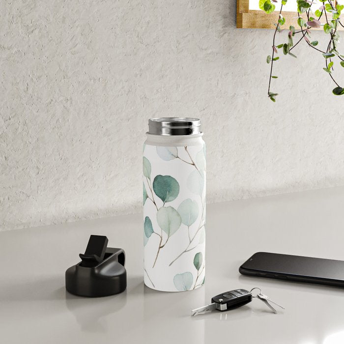 Watercolor Eucalyptus branches, botanical art, green blue leaves Water Bottle Gallery Image 4