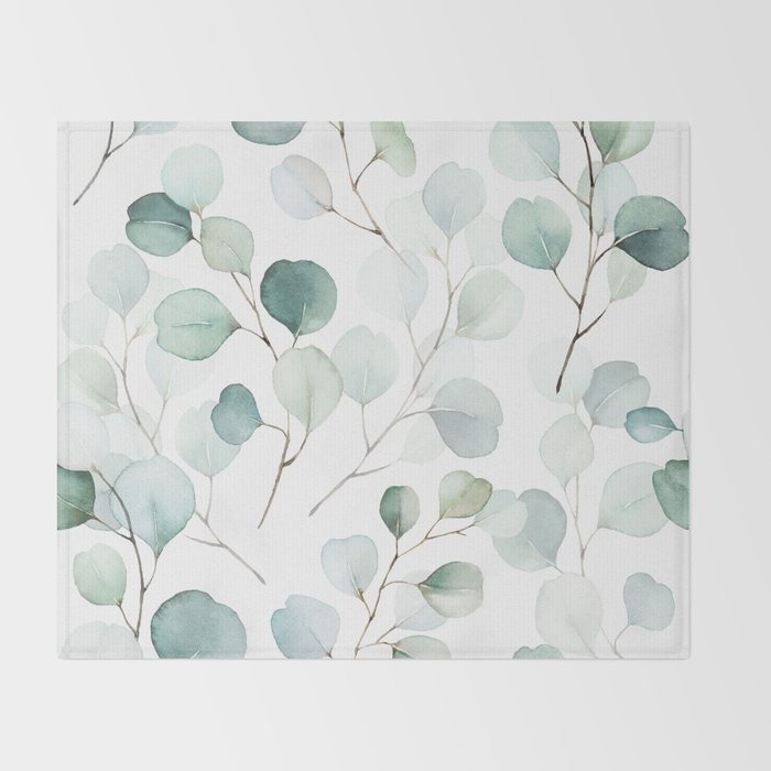 Watercolor Eucalyptus branches, botanical art, green blue leaves Throw Blanket Gallery Image 2