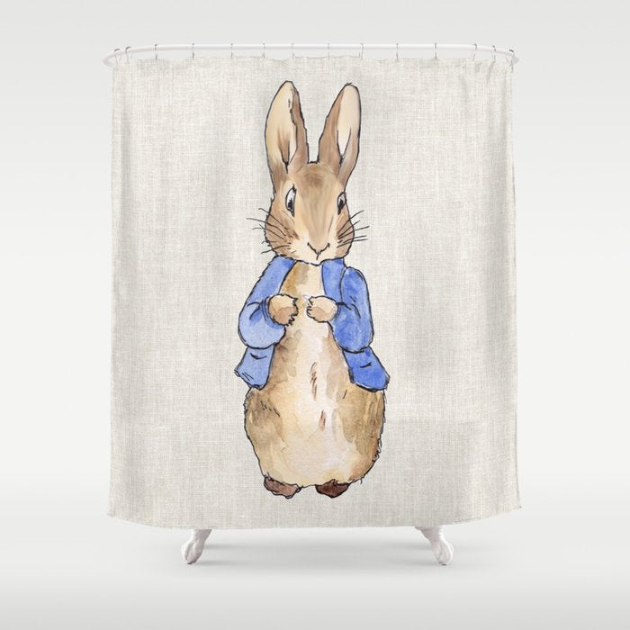 Peter the rabbit beige linen textured background Shower Curtain Gallery Image 1