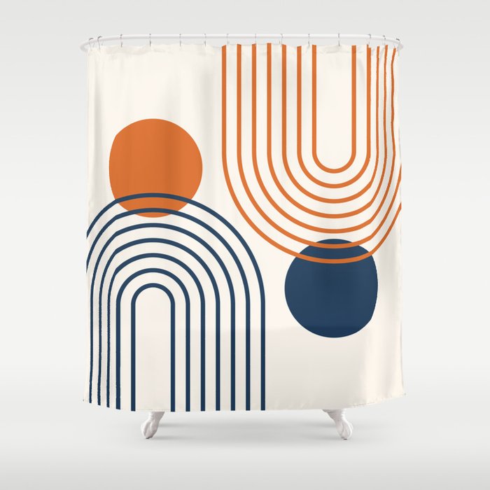 Mid Century Modern Geometric 199.2 in Navy Blue Orange Shower Curtain Gallery Image 1