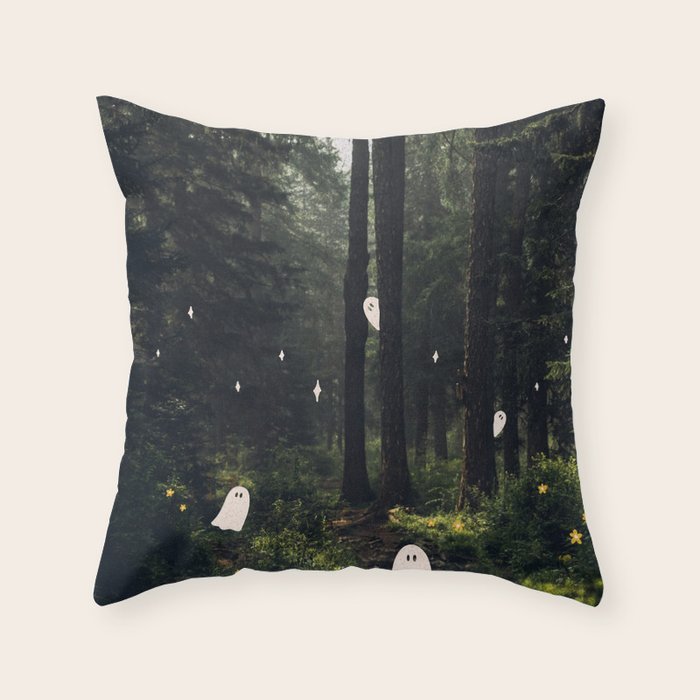 Spooky Ghost in the Forest Collage Throw Pillow Gallery Image 6