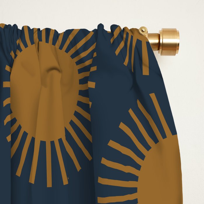 Boho Summer Sun Pattern VII Navy Blue Burnt Orange Window Curtain Gallery Image 2
