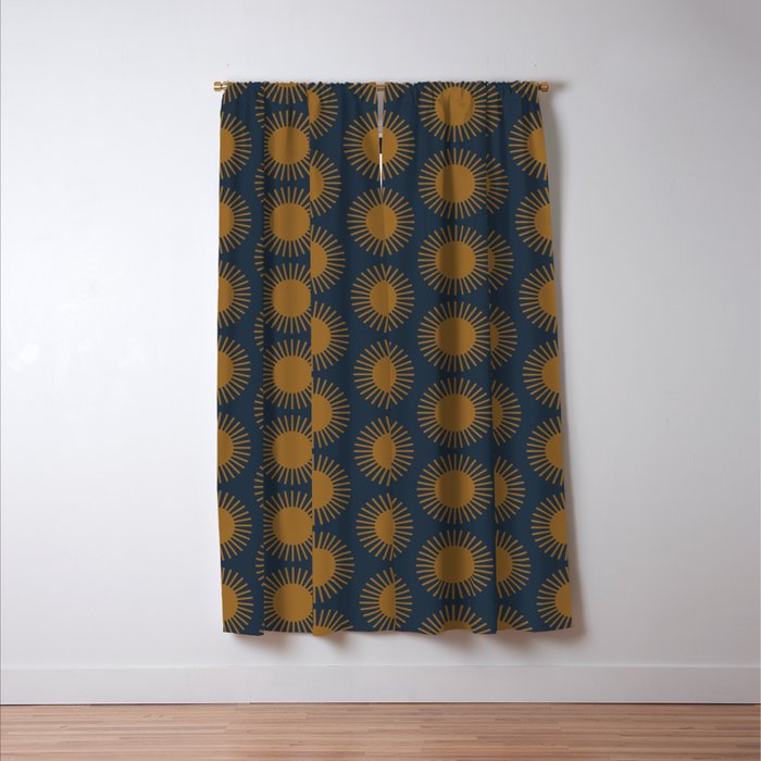 Boho Summer Sun Pattern VII Navy Blue Burnt Orange Window Curtain Gallery Image 3