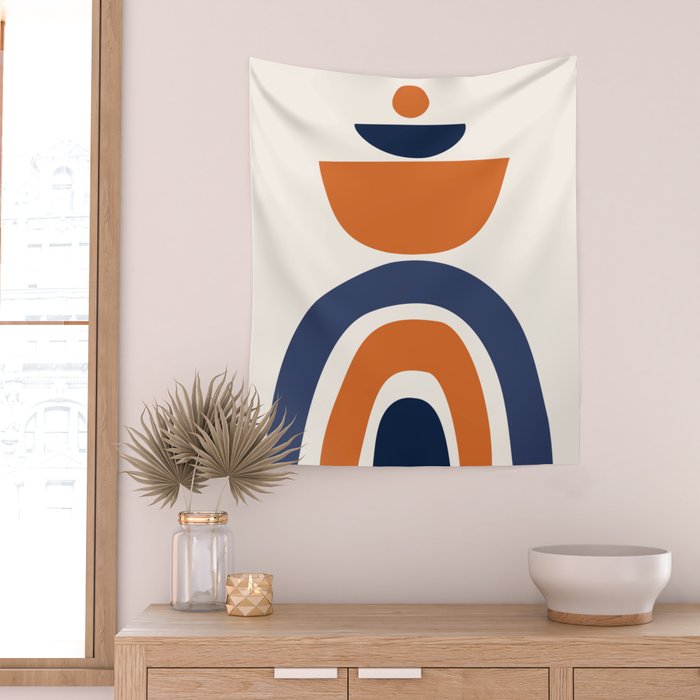 Abstract Shapes 14 in Orange and Navy Blue (Rainbow and Moon Phases Abstraction) Wall Tapestry Gallery Image 2