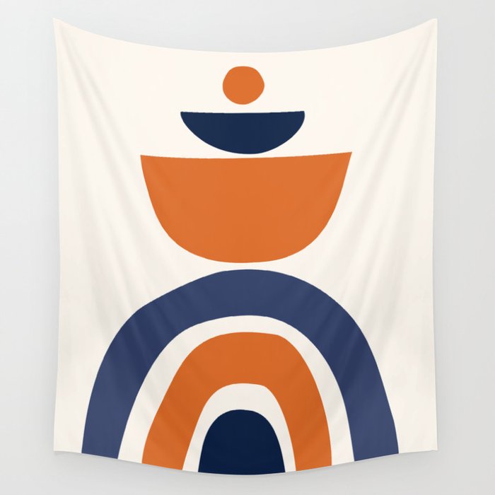 Abstract Shapes 14 in Orange and Navy Blue (Rainbow and Moon Phases Abstraction) Wall Tapestry Gallery Image 4