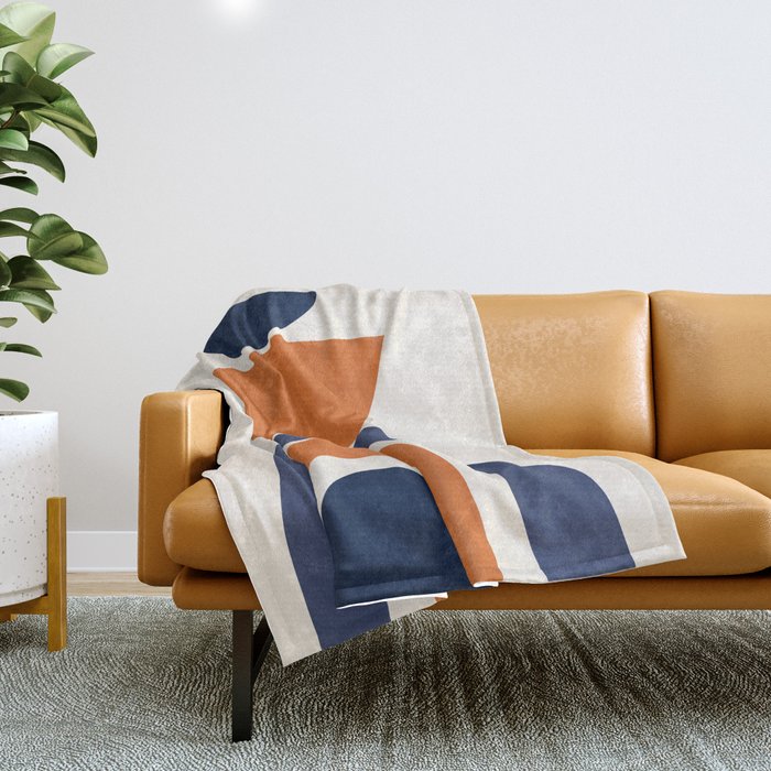 Abstract Shapes 14 in Orange and Navy Blue (Rainbow and Moon Phases Abstraction) Throw Blanket Gallery Image 1