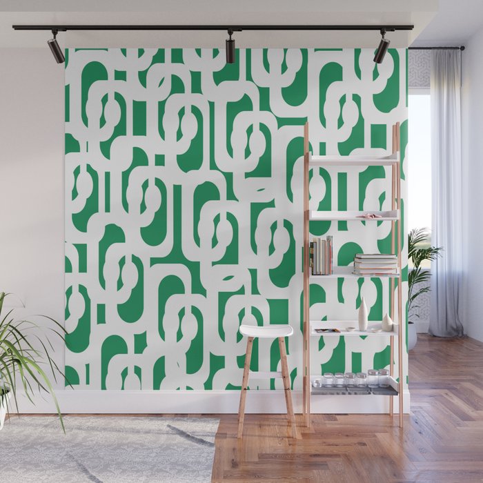 Mid Century Modern Loop Pattern in Kelly Green and White Wall Mural Gallery Image 1