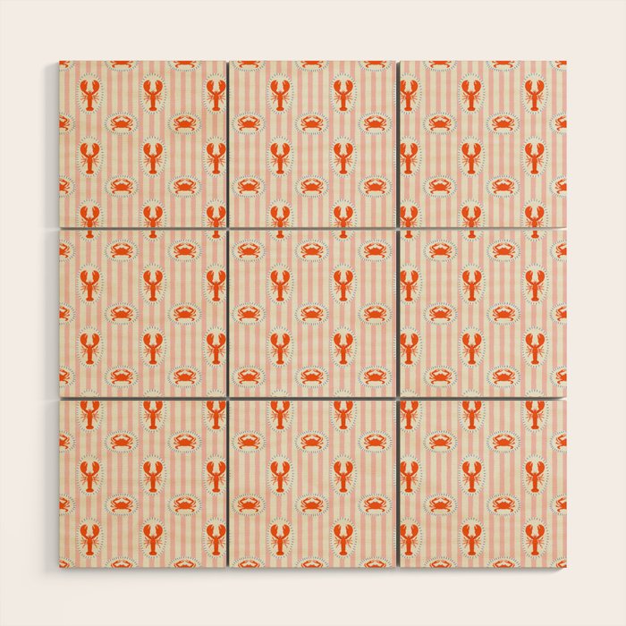 Vintage lobster crab stripe art pattern Wood Wall Art Gallery Image 1