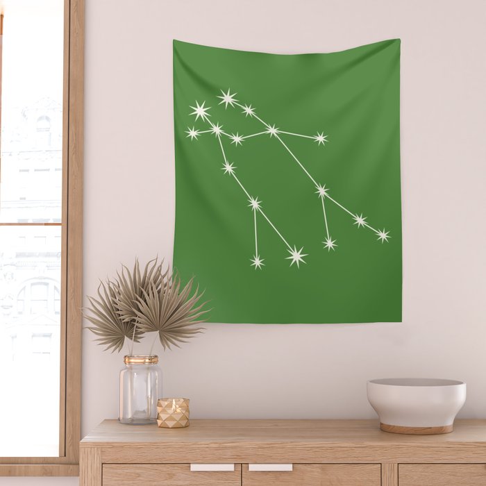 Gemini Zodiac Star Constellation Line Art Kelly Green Wall Tapestry Gallery Image 2