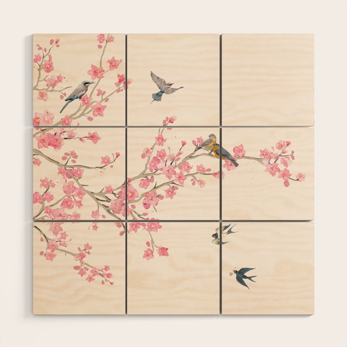 Birds and cherry blossoms Wood Wall Art Gallery Image 1