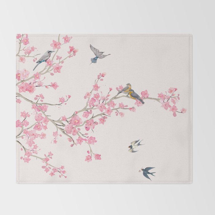 Birds and cherry blossoms Throw Blanket Gallery Image 2