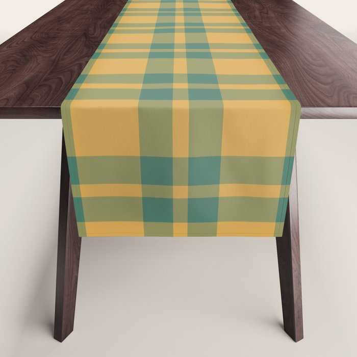 Plaid Pattern in Teal Green and Ochre Mustard Table Runner Gallery Image 1