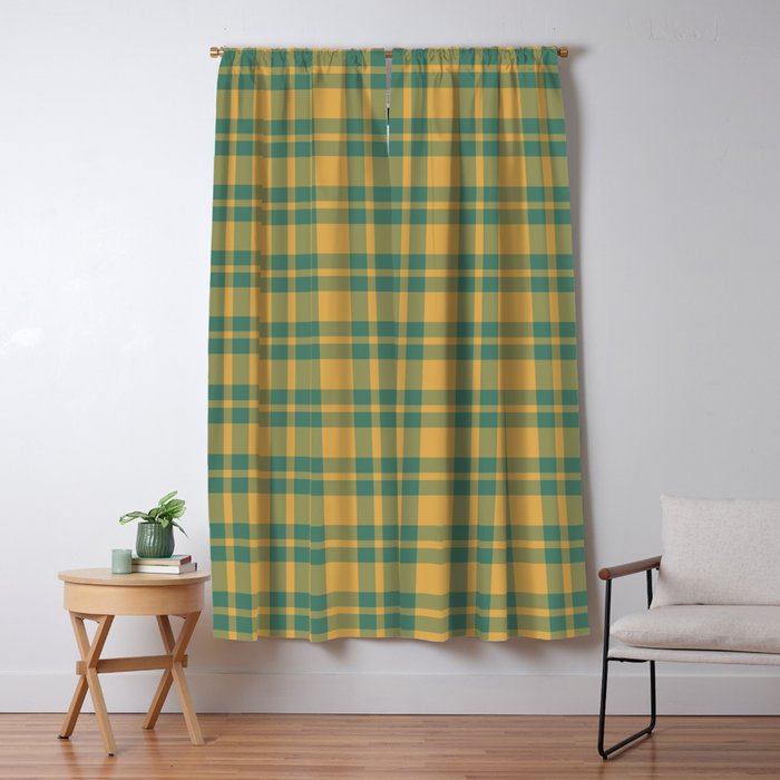Plaid Pattern in Teal Green and Ochre Mustard Window Curtain Gallery Image 5
