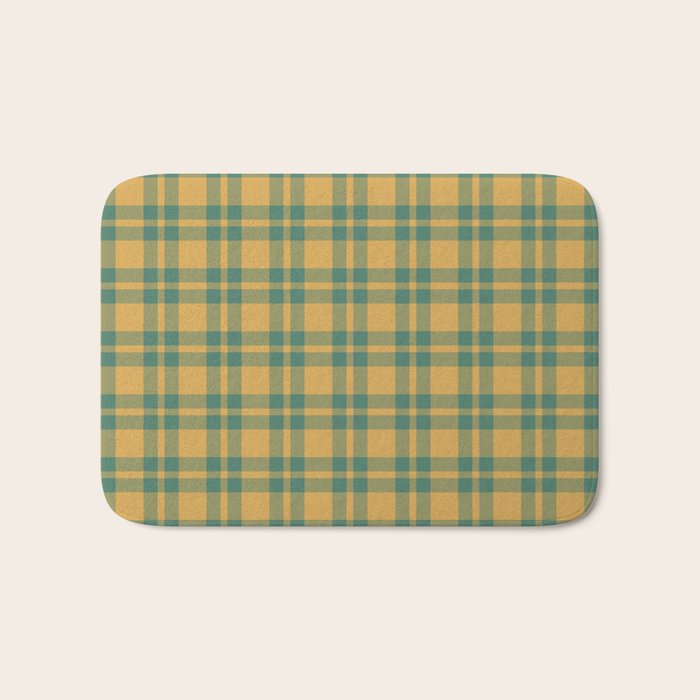 Plaid Pattern in Teal Green and Ochre Mustard Bath Mat Gallery Image 1