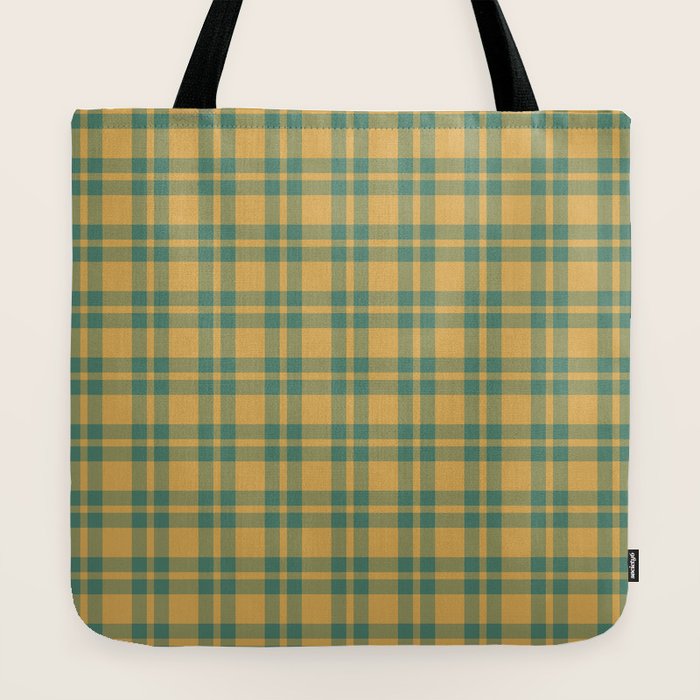 Plaid Pattern in Teal Green and Ochre Mustard Tote Bag Gallery Image 2