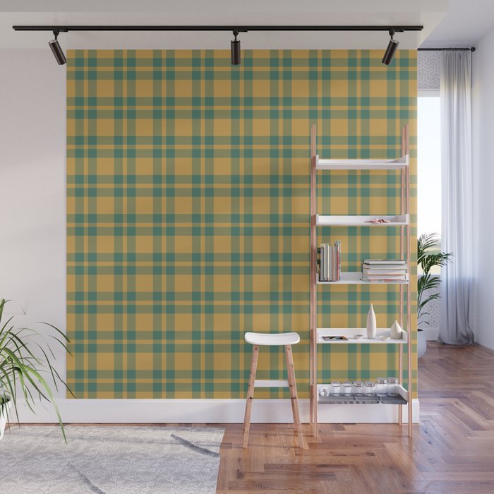 Plaid Pattern in Teal Green and Ochre Mustard Wall Mural Gallery Image 1