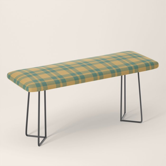 Plaid Pattern in Teal Green and Ochre Mustard Bench Gallery Image 1