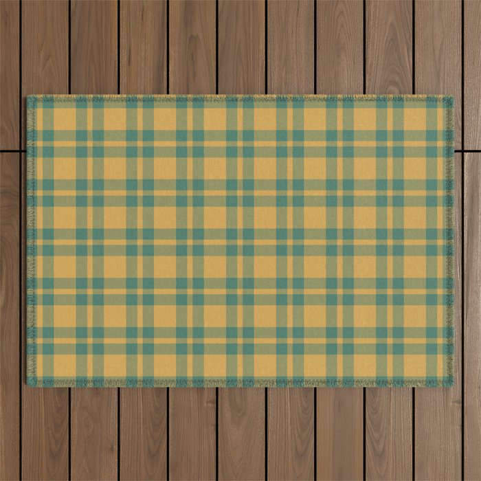 Plaid Pattern in Teal Green and Ochre Mustard Outdoor Rug Gallery Image 1