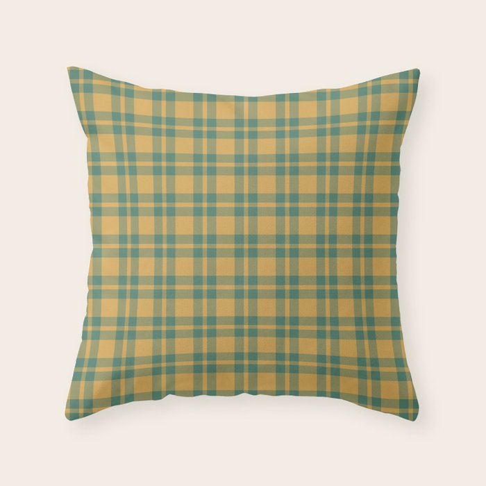 Plaid Pattern in Teal Green and Ochre Mustard Throw Pillow Gallery Image 1