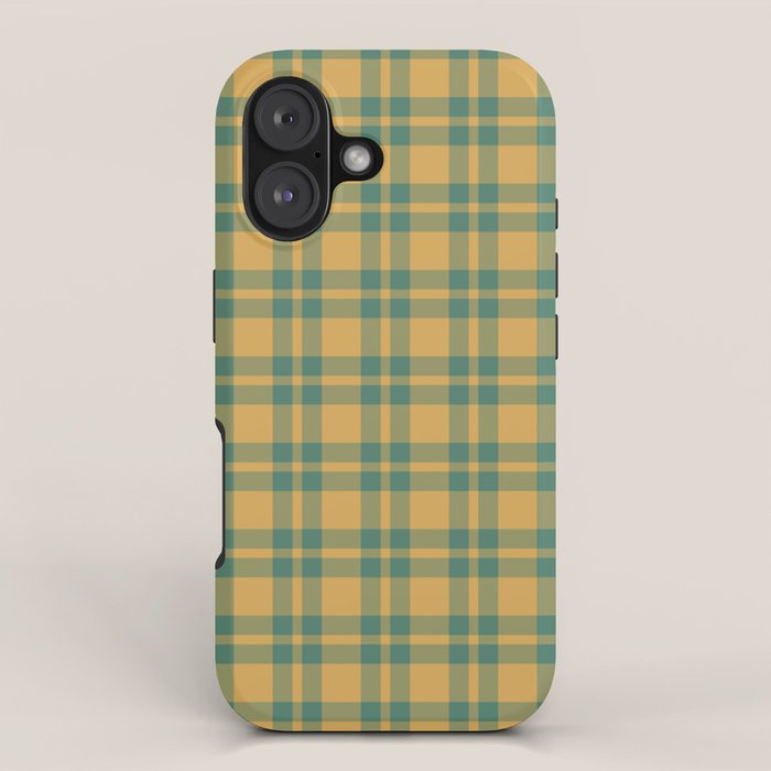 Plaid Pattern in Teal Green and Ochre Mustard iPhone Case Gallery Image 1
