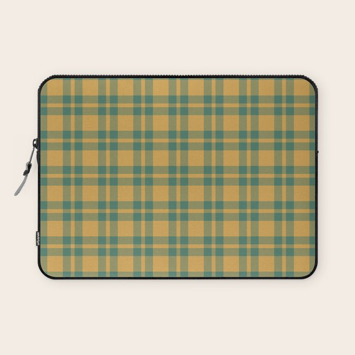 Plaid Pattern in Teal Green and Ochre Mustard Laptop Sleeve Gallery Image 1