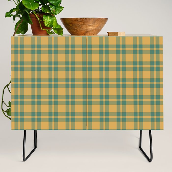 Plaid Pattern in Teal Green and Ochre Mustard Credenza Gallery Image 2
