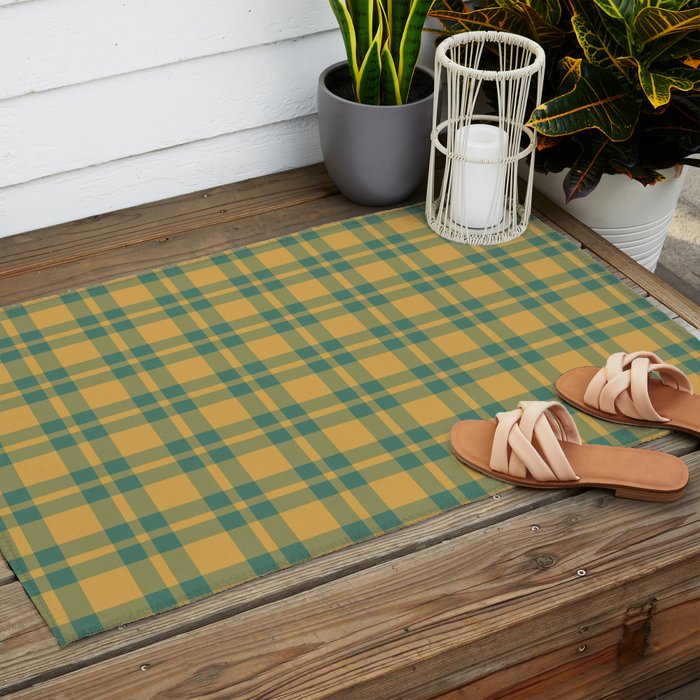 Plaid Pattern in Teal Green and Ochre Mustard Outdoor Rug Gallery Image 2