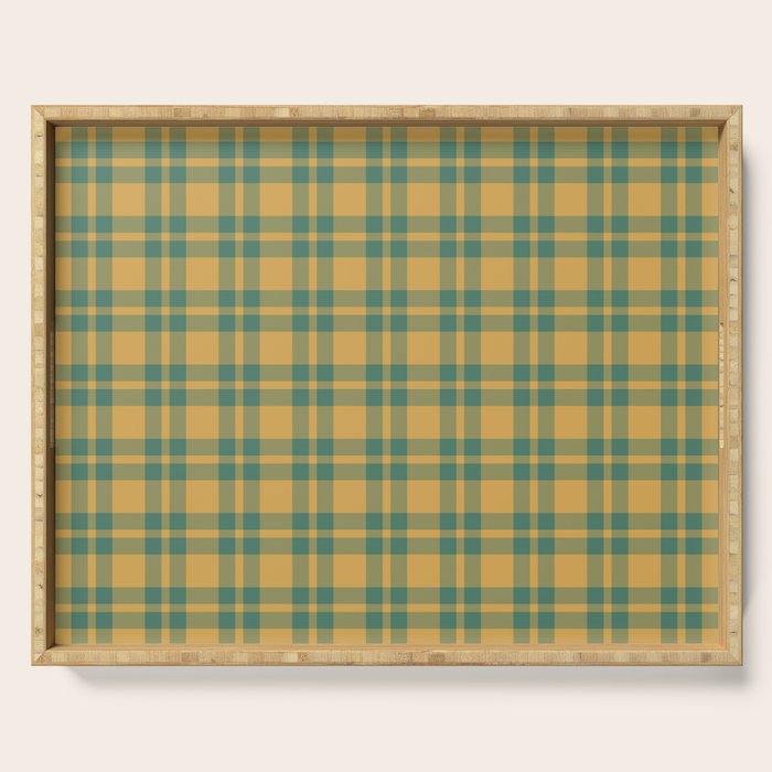 Plaid Pattern in Teal Green and Ochre Mustard Serving Tray Gallery Image 1