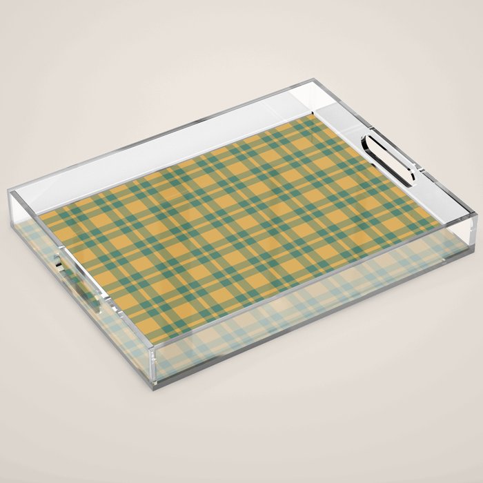 Plaid Pattern in Teal Green and Ochre Mustard Acrylic Tray Gallery Image 1