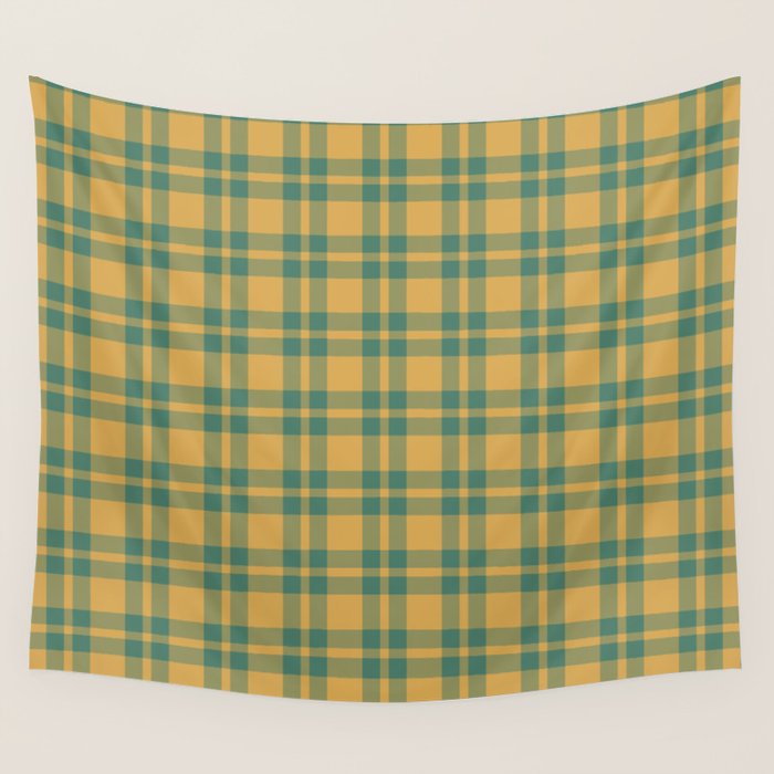 Plaid Pattern in Teal Green and Ochre Mustard Wall Tapestry Gallery Image 4