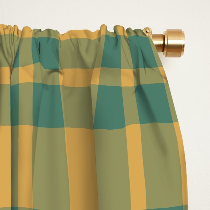 Plaid Pattern in Teal Green and Ochre Mustard Window Curtain Gallery Image 2