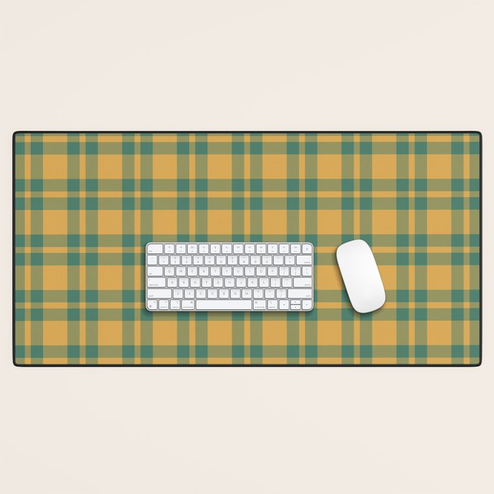 Plaid Pattern in Teal Green and Ochre Mustard Desk Mat Gallery Image 1