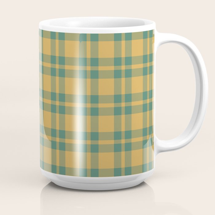 Plaid Pattern in Teal Green and Ochre Mustard Coffee Mug Gallery Image 2