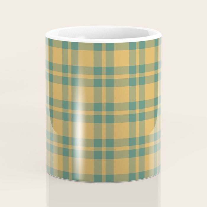 Plaid Pattern in Teal Green and Ochre Mustard Coffee Mug Gallery Image 4