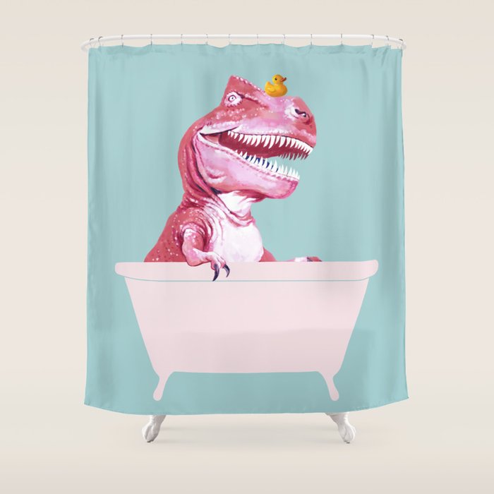 Pink T-Rex in Bathtub Shower Curtain Gallery Image 1