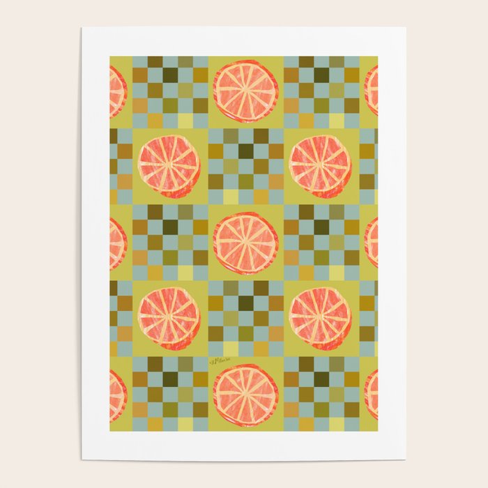 Checkered Citrus Fruit in Sage & Orange Poster Gallery Image 4