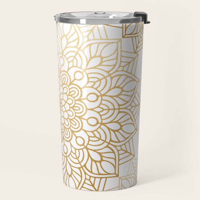 Beautiful White & Gold Mandala Pattern Travel Mug Gallery Image 2