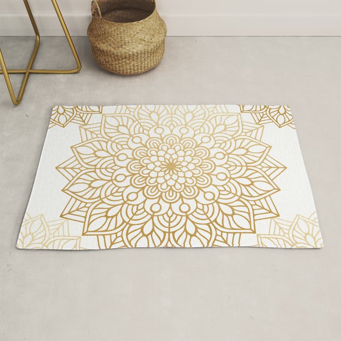 Beautiful White & Gold Mandala Pattern Rug Gallery Image 1