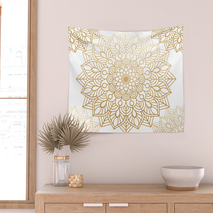 Beautiful White & Gold Mandala Pattern Wall Tapestry Gallery Image 2