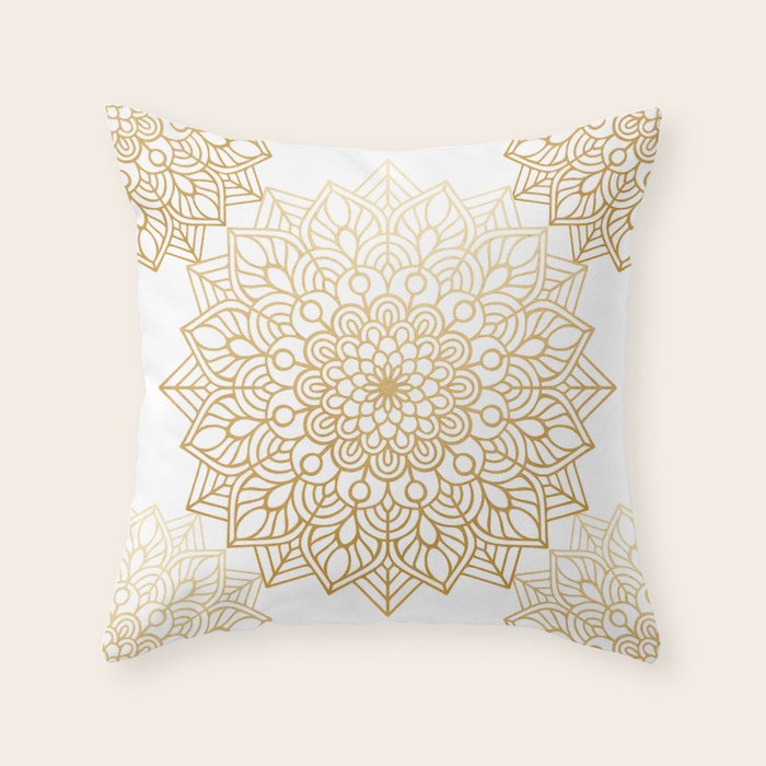 Beautiful White & Gold Mandala Pattern Throw Pillow Gallery Image 6