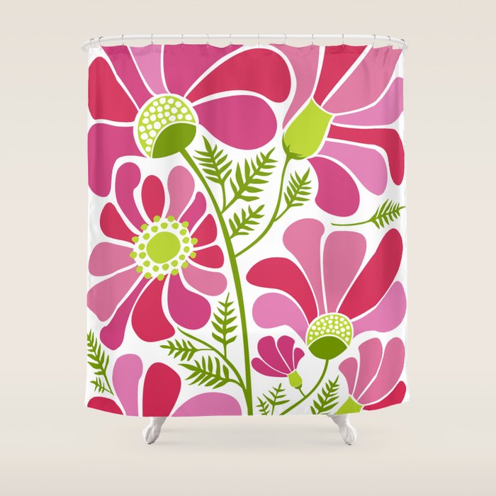 Pink Daisy Flower Illustration Shower Curtain Gallery Image 1