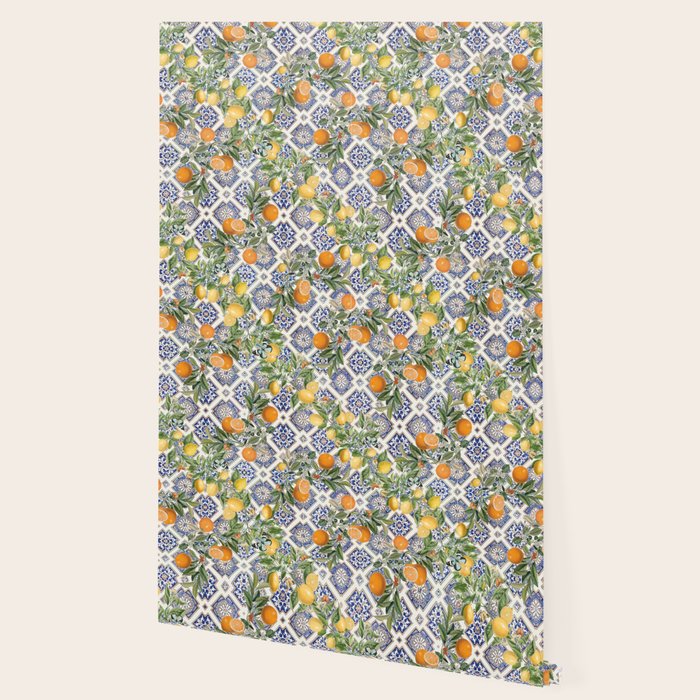 Sicilian Citrus, Mediterranean tiles, vintage lemons and orange fruit pattern Wallpaper Gallery Image 2
