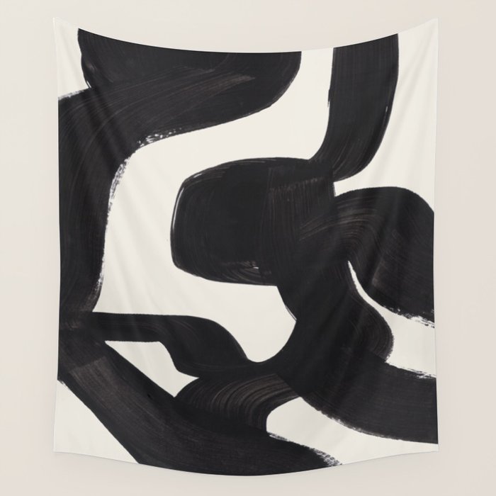 Mid Century Modern Minimalist Abstract Art Brush Strokes Black & White Ink Art Maze Wall Tapestry Gallery Image 1