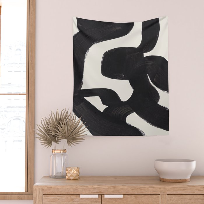 Mid Century Modern Minimalist Abstract Art Brush Strokes Black & White Ink Art Maze Wall Tapestry Gallery Image 2