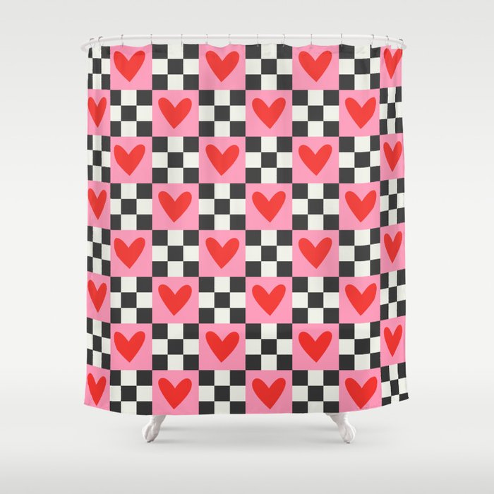 Red love heart checkered pattern Shower Curtain Gallery Image 1