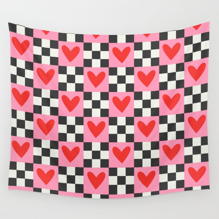 Red love heart checkered pattern Wall Tapestry Gallery Image 4
