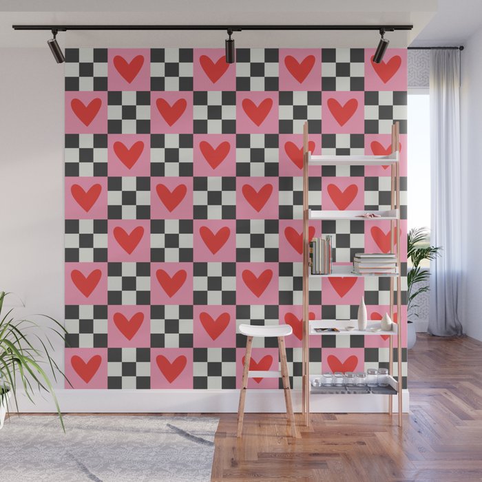 Red love heart checkered pattern Wall Mural Gallery Image 1