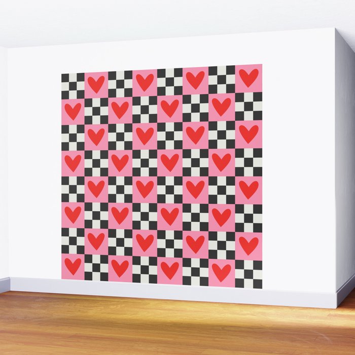 Red love heart checkered pattern Wall Mural Gallery Image 2