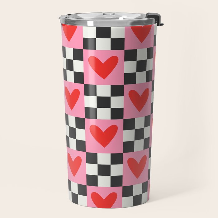 Red love heart checkered pattern Travel Mug Gallery Image 2